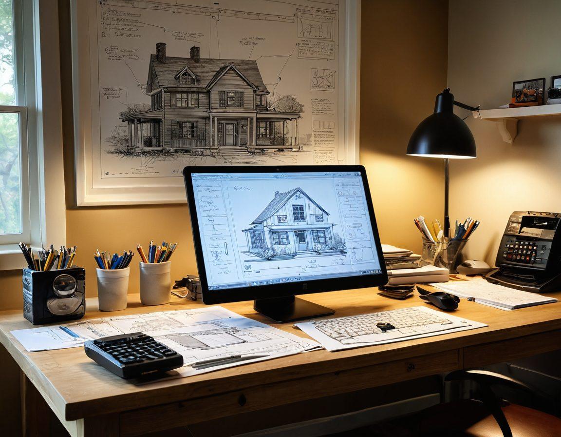 A sophisticated workspace featuring a blueprint of a house on a drafting table, surrounded by various tools like a calculator, tape measure, and computer with architectural software. Include inspirational quotes about dreams and planning on the walls, with a soft sunlight illuminating the scene. Warm tones and a cozy atmosphere to inspire creativity. super-realistic. vibrant colors. soft light.