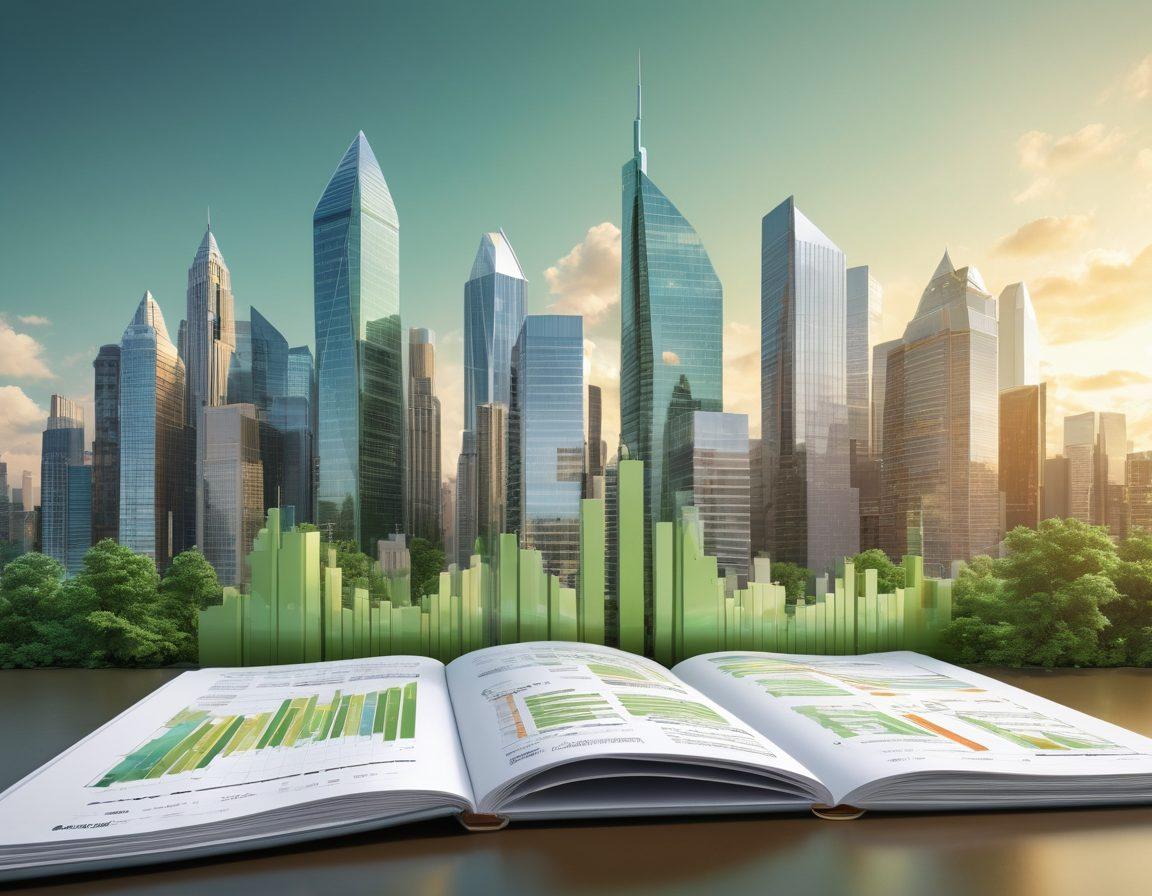 A modern city skyline with tall buildings representing real estate, layered with various financial tools like calculators, charts, and investment contracts. Include elements like a rising graph symbolizing wealth growth, and an open book showcasing financial tips. The scene should convey professionalism and ambition, with a color palette of greens and golds to signify prosperity. super-realistic. vibrant colors. 3D.