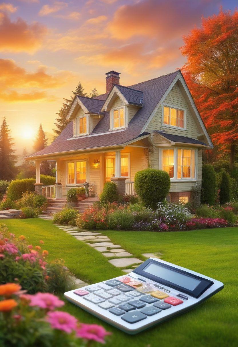 A cozy dream home surrounded by green landscapes, with colorful mortgage calculator tools scattered around like garden flowers. A warm sunsetting sky casts a golden glow, encouraging financial planning and new beginnings. Include people of diverse backgrounds happily discussing plans. painting. vibrant colors. soft focus.